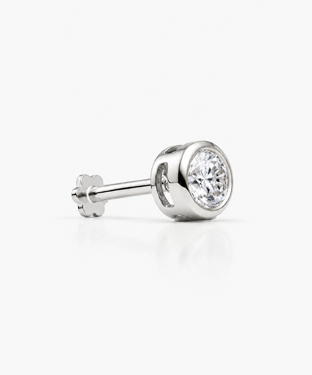Diamond Basel Stud 3.8mm Single - 14K White Gold Lab Grown Diamond Side Profle