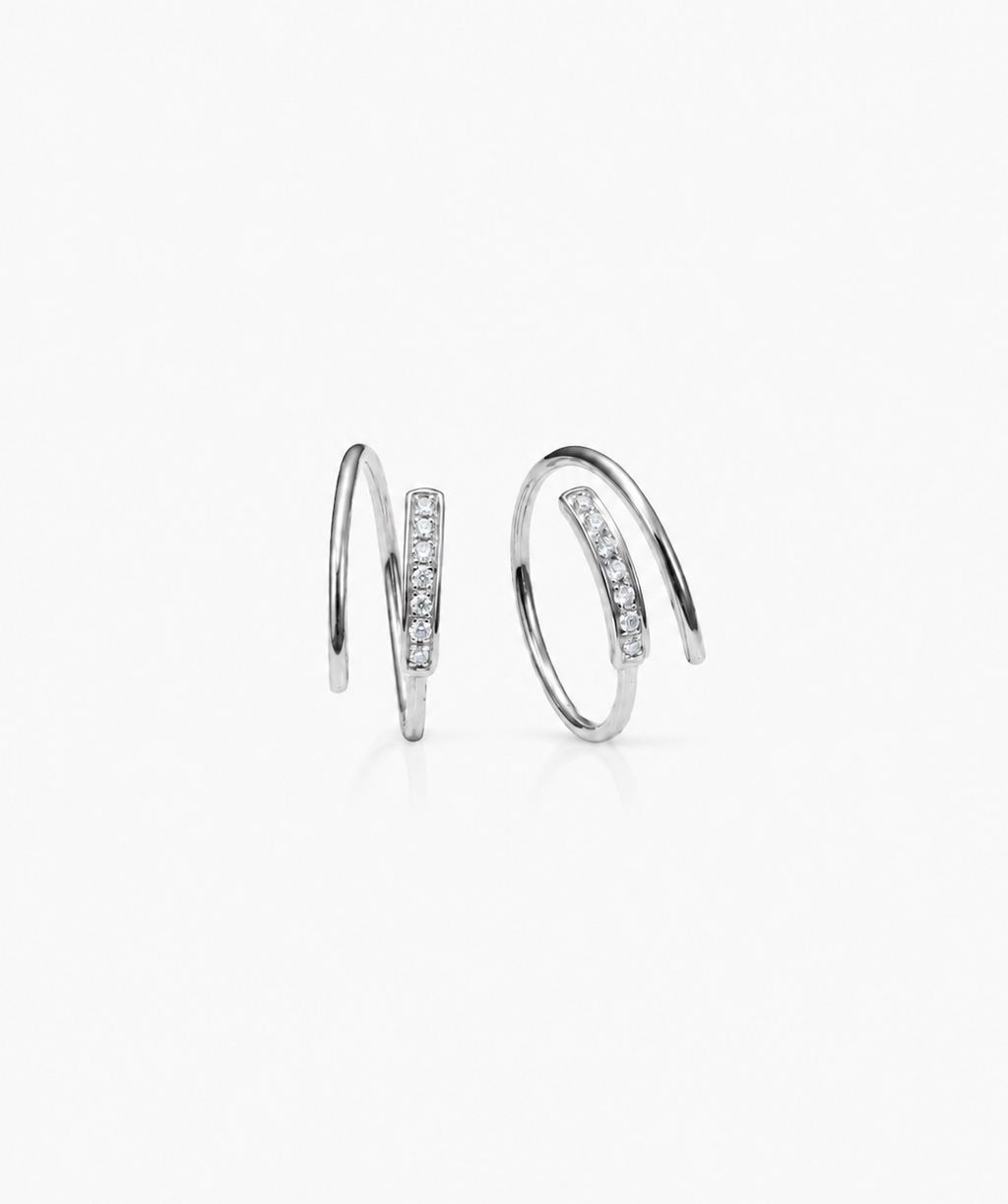 Half Pavé Line Hoops - 14K White Gold Natural Diamond