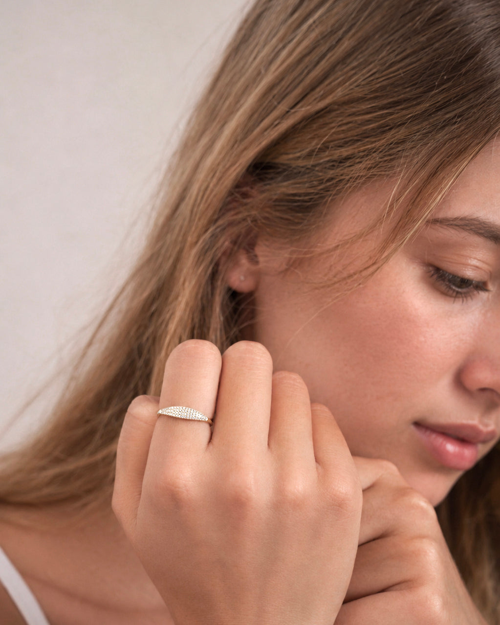 Luma Whisper Ring - 14K Yellow Gold Natural Diamond Side Profile Lifestyle